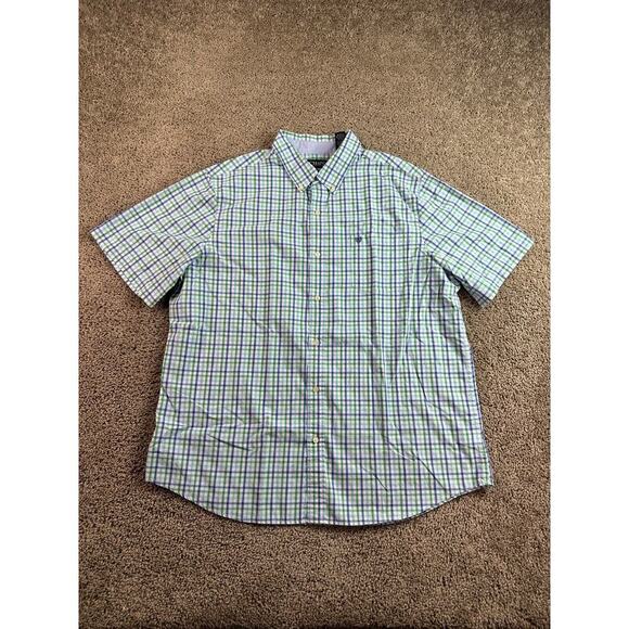 Chaps Button Up Shirt Mens XXL 2XL Blue Green Cotton Blend Short Sleeve FLAW - Picture 1 of 9